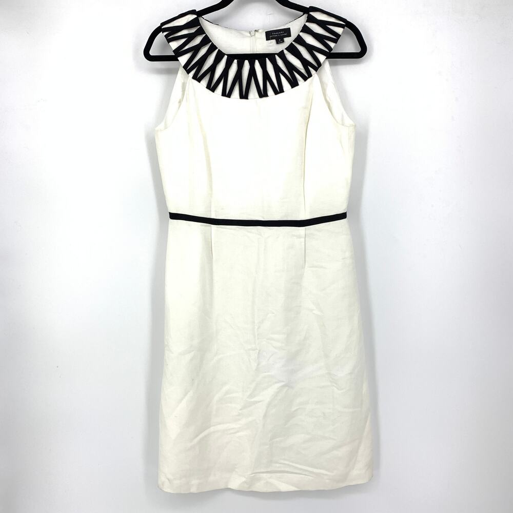 Tahari Dress Women's Size 8 Sheath Linen Blend Ivory Black Neckline Detail